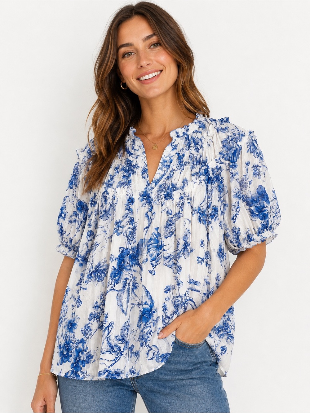 🌺 Umgee Blue & White Floral Metallic Blouse